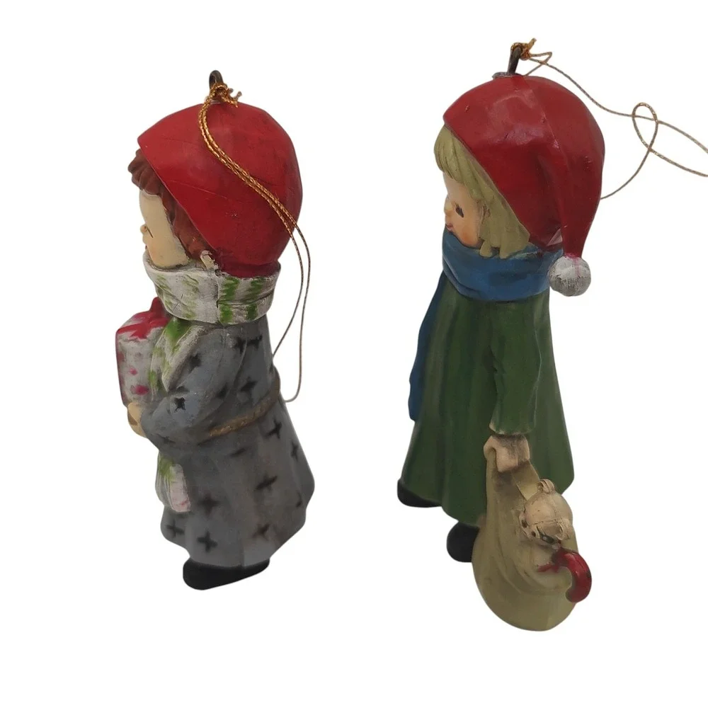 Vintage Christmas Resin Ornaments Girls With Presents Hanging Set Of‎ Two